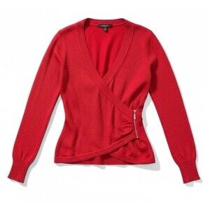 Guess Red Metallic Wrap Top M Y2K Style Fitted Shimmer Sweater Silver Zip